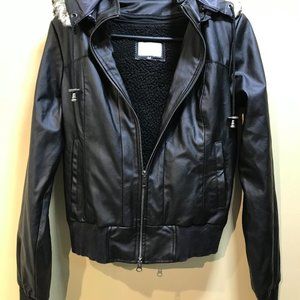 James & Co lether vegan hooded jacket sz junior m removable hood & lining black